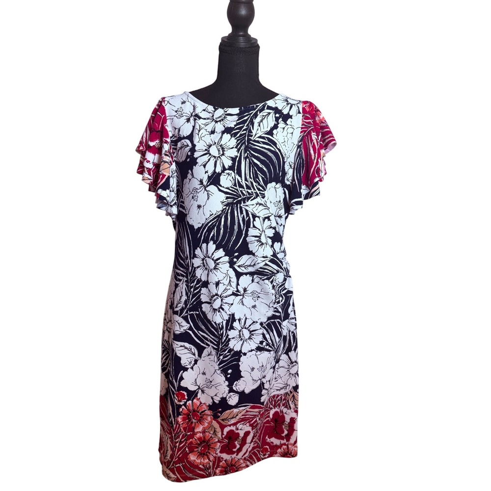 Violet b. Floral Flutter Sleeve Sheath Dress Women Large Navy Red Career